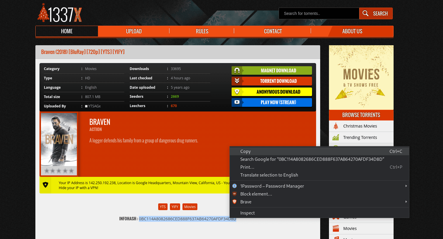 1337x's download page
