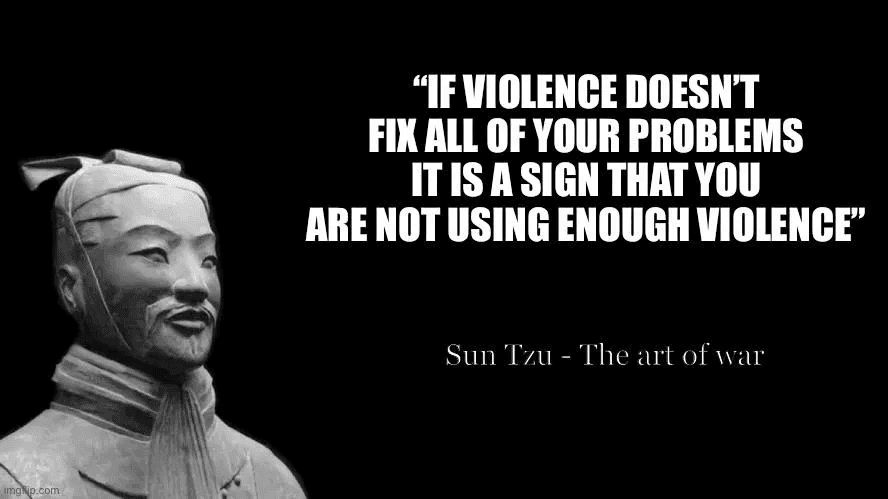 Sun Tzu terracotta warrior statue with satirical fake quote about violence and problem-solving