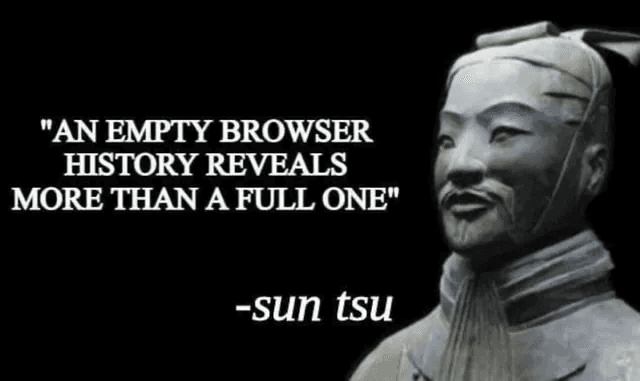Sun Tzu terracotta warrior statue with humorous quote about empty browser history revealing more than full one