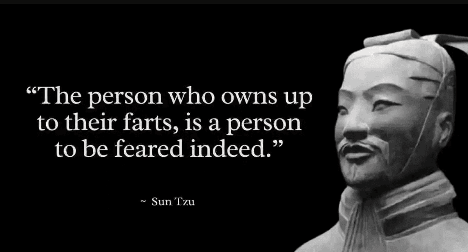 Sun Tzu terracotta warrior statue in black and white with humorous quote about owning up to farts being fearsome