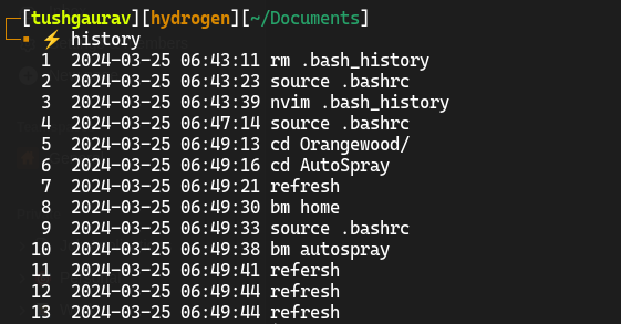 example of history command output