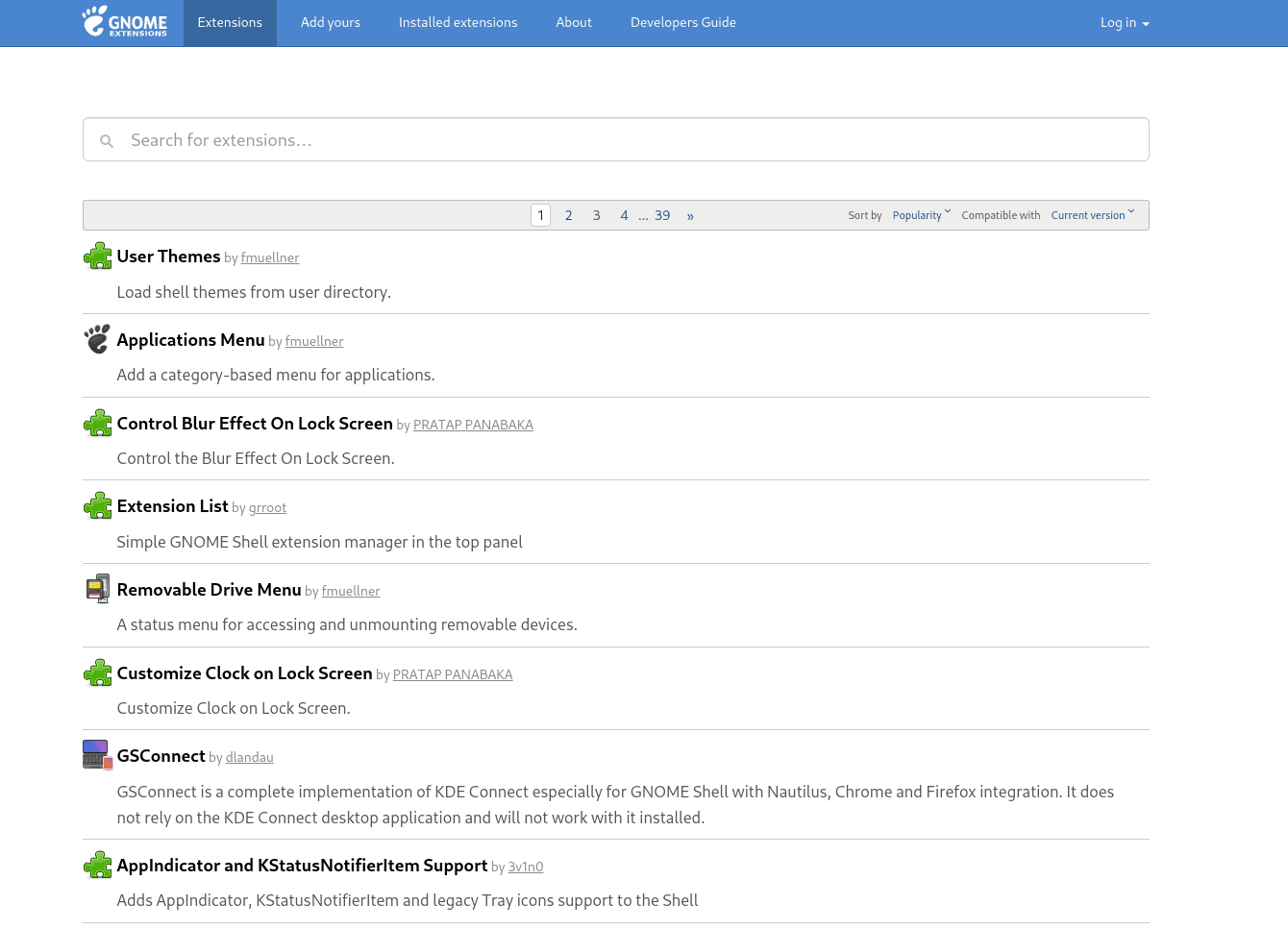 Screenshot of the homepage of Gnome Extensions