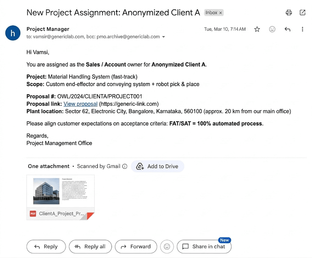 Email showing project kickoff information sent to employees