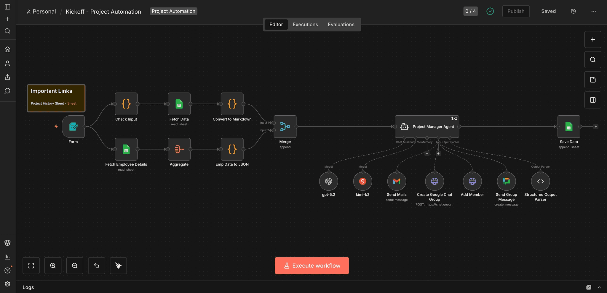 n8n editor for project kickoff workflow