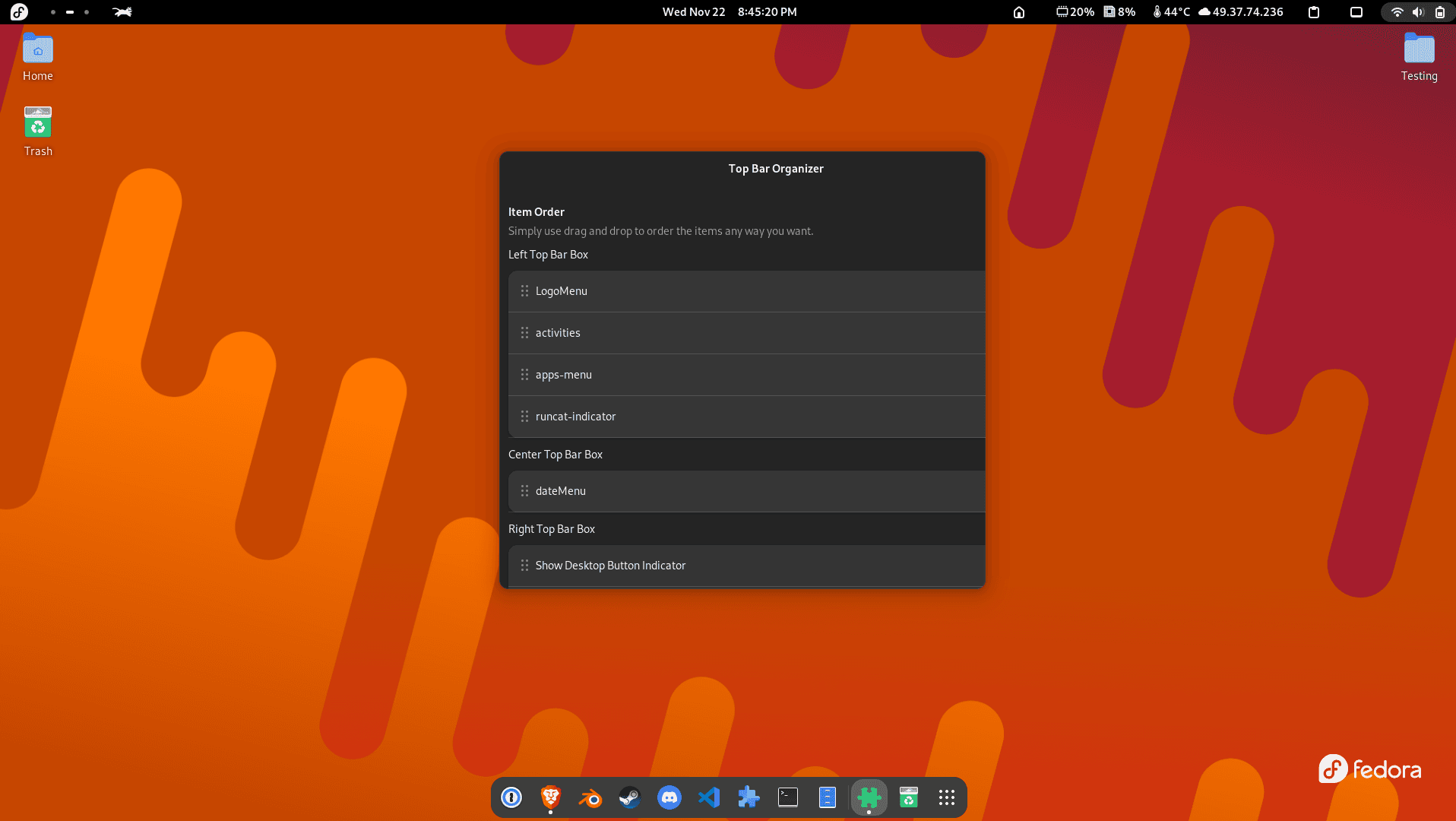 Screenshot of Top Bar Organiser gnome extension's configration panel