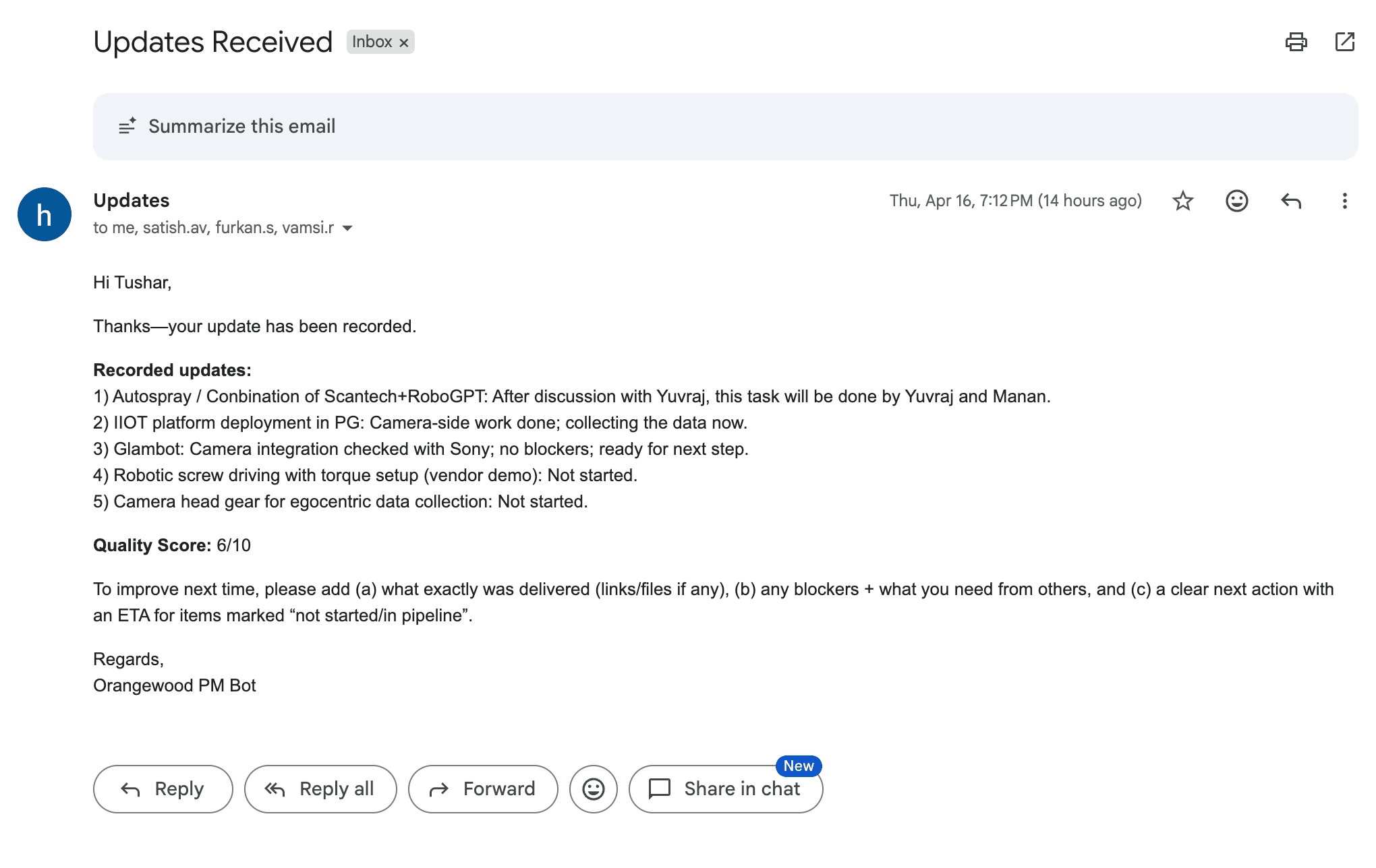 Email showing updates received and score