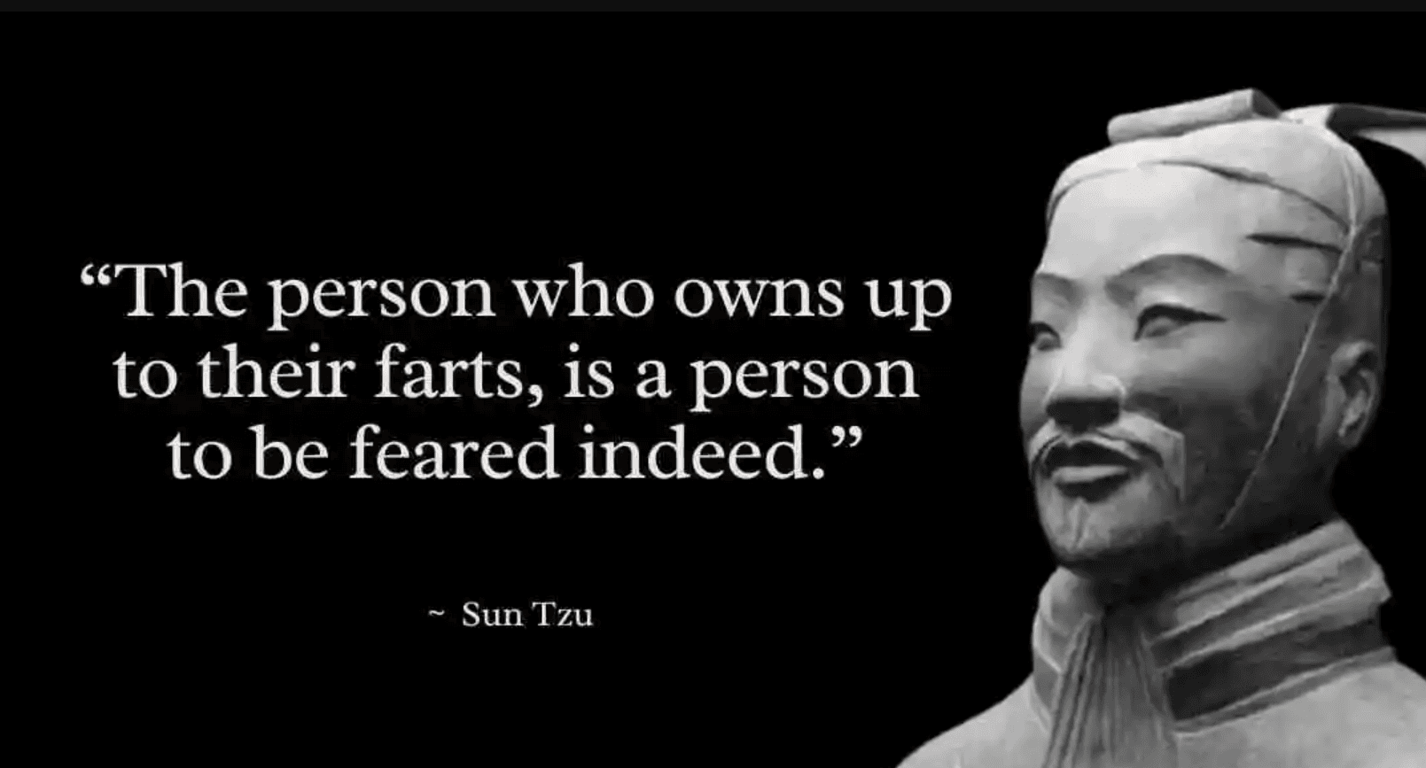 Sun Tzu terracotta warrior statue in black and white with humorous quote about owning up to farts being fearsome