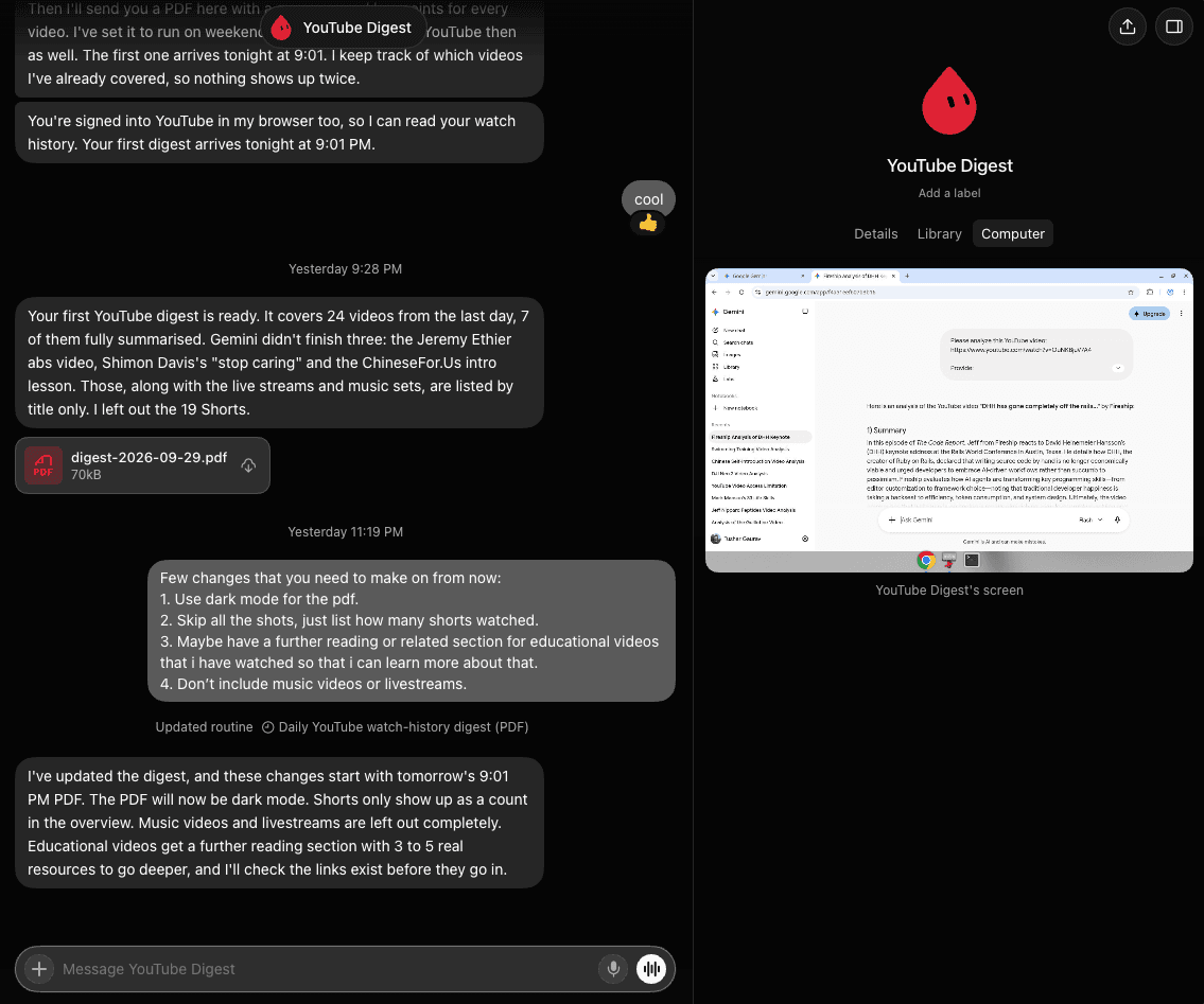 screenshot of youtube digest bot
